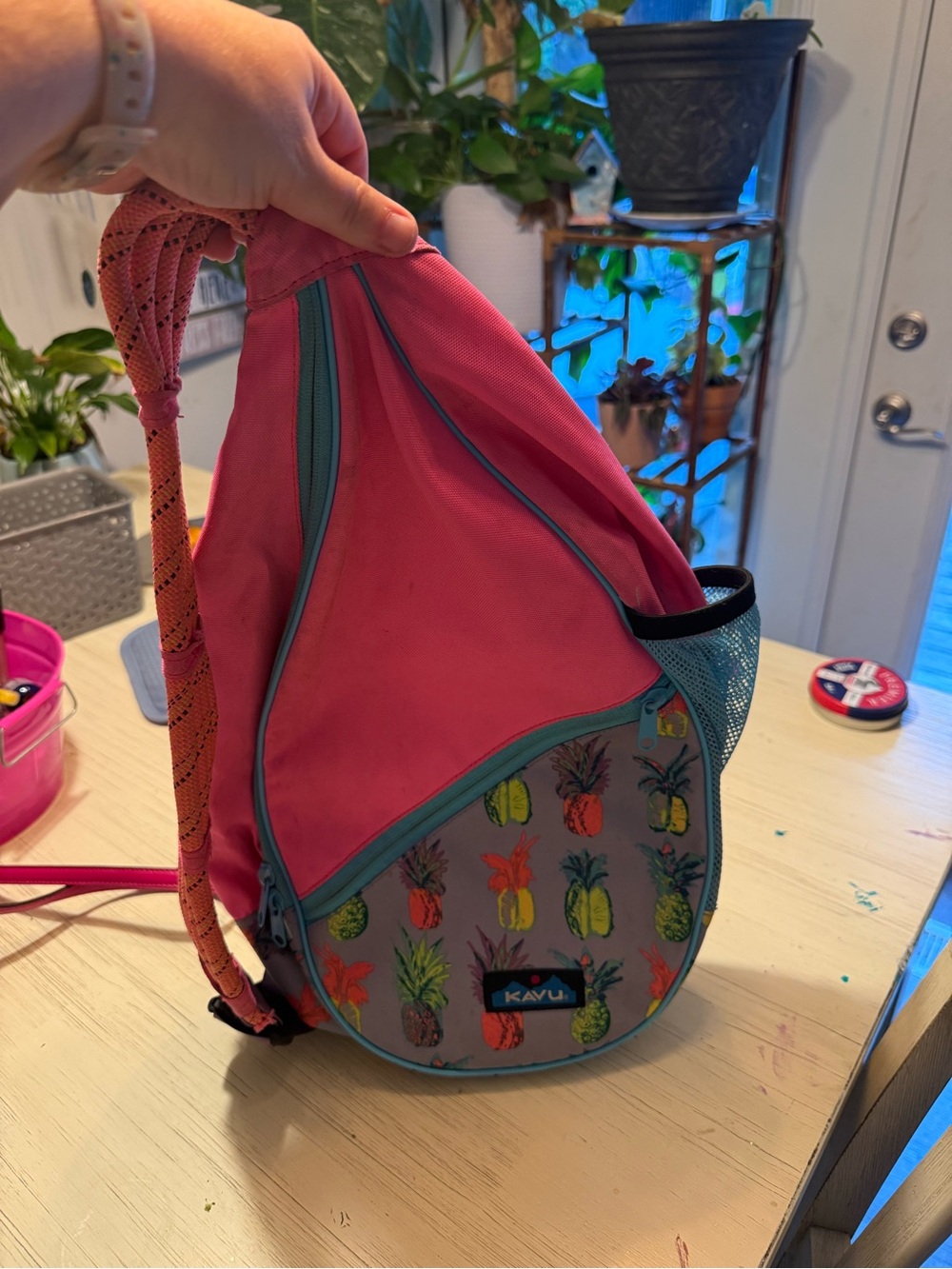 Kavu Pink Pineapple Sling Backpack with Teal Trim